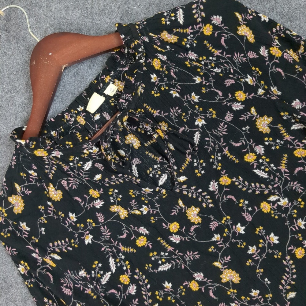 GAP Black Floral Tie Neck Ruffle Peasant Blouse Long Balloon Sleeve‎ XS